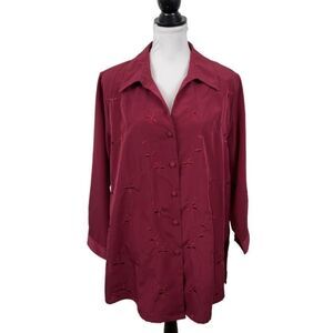 Chelsea Studio Blouse Plus 20WP Burgundy Maroon Embroidered Floral Button Down